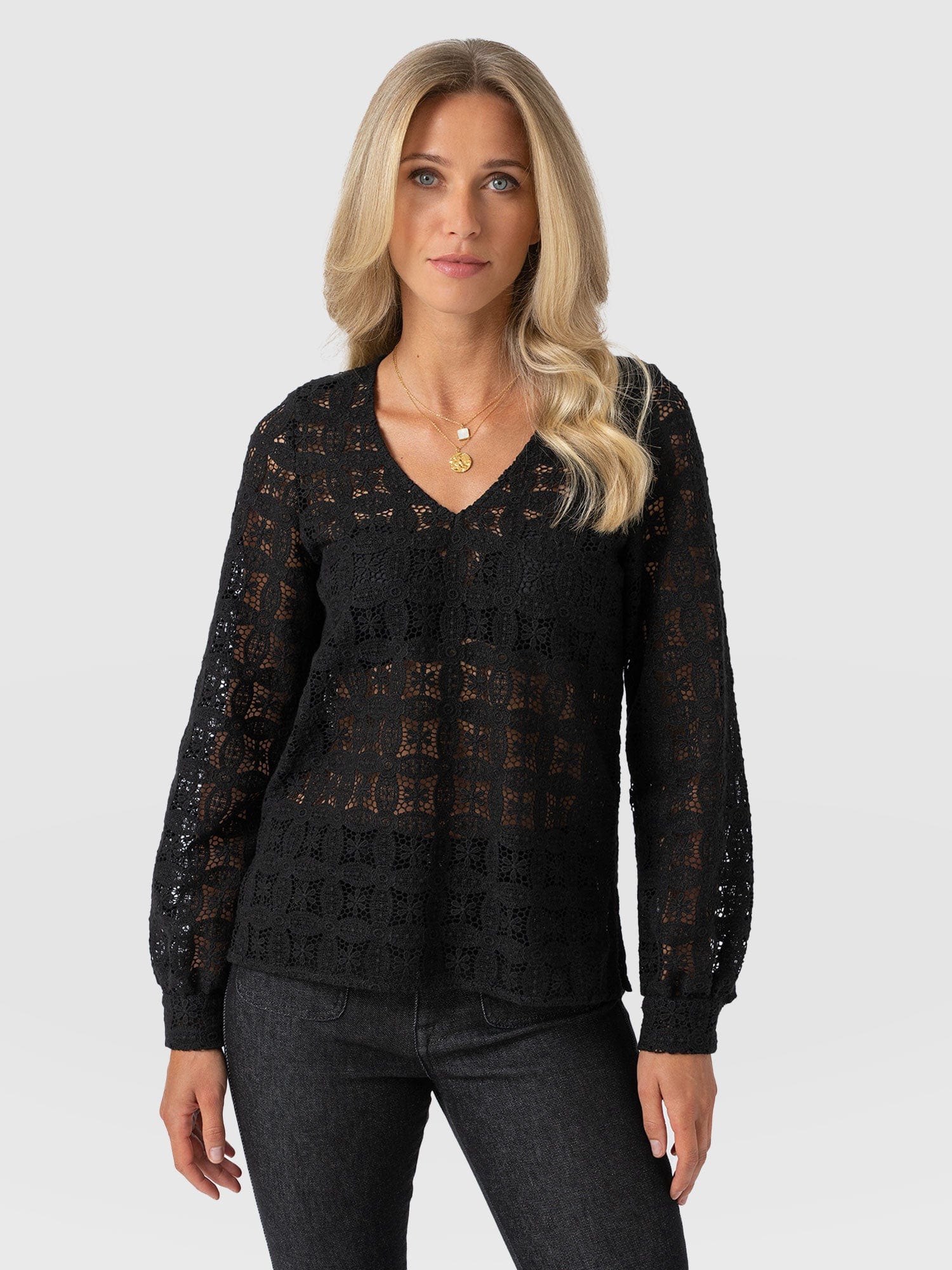 Ottilie V Neck Blouse - Black Broderie - Women's Blouses | Saint + Sofia® USA